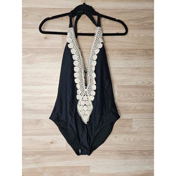 Kona Sol Other - Kona Sol Black Deep Plunge Halter One Piece Swimsuit With Crochet Women’s L NWT